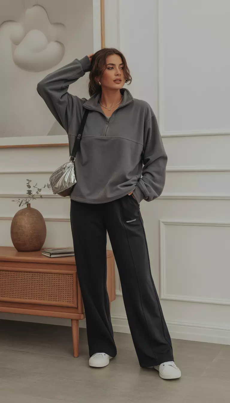 A beautiful woman in a gray quarter-zip fleece pullover, black wide-leg track pants, white canvas sneakers, and a silver necklace pouch.
