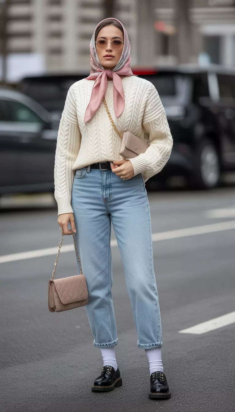 A beautiful woman in a cream cable-knit sweater, light wash high-rise jeans, black brogues, a gold wallet chain necklace, and a pastel pink silk scarf worn babushka-style.