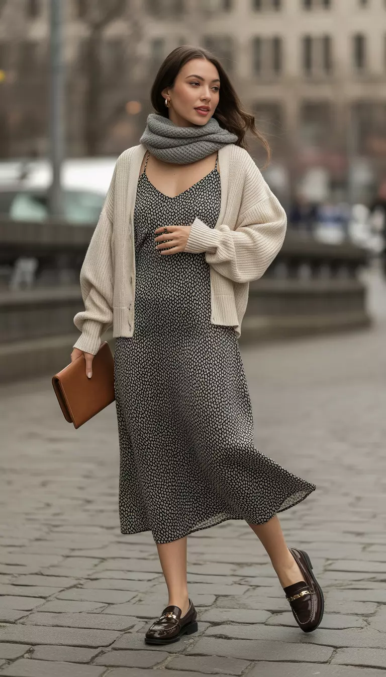 A beautiful woman in a black and white polka dot slip midi dress, a cream knit cardigan, brown loafers, and a soft gray knit scarf.