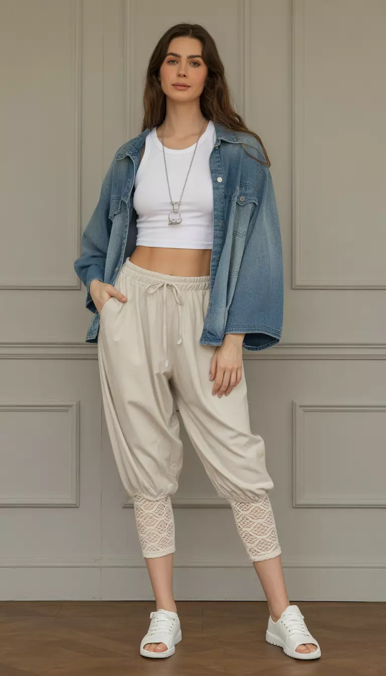A beautiful woman in cream genie pants, a white cropped tank, a faded blue denim shrug, ivory lace capri leggings, and a silver functional necklace.