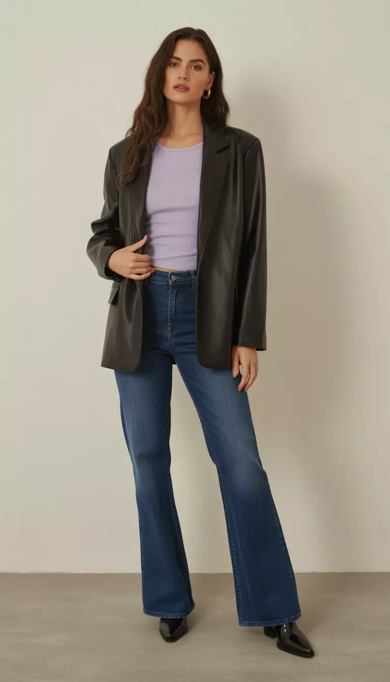 Faux Leather Blazer and Flare Jeans A beautiful woman in a black faux leather blazer, a light purple ribbed top, dark blue flared jeans, and black ankle boots.