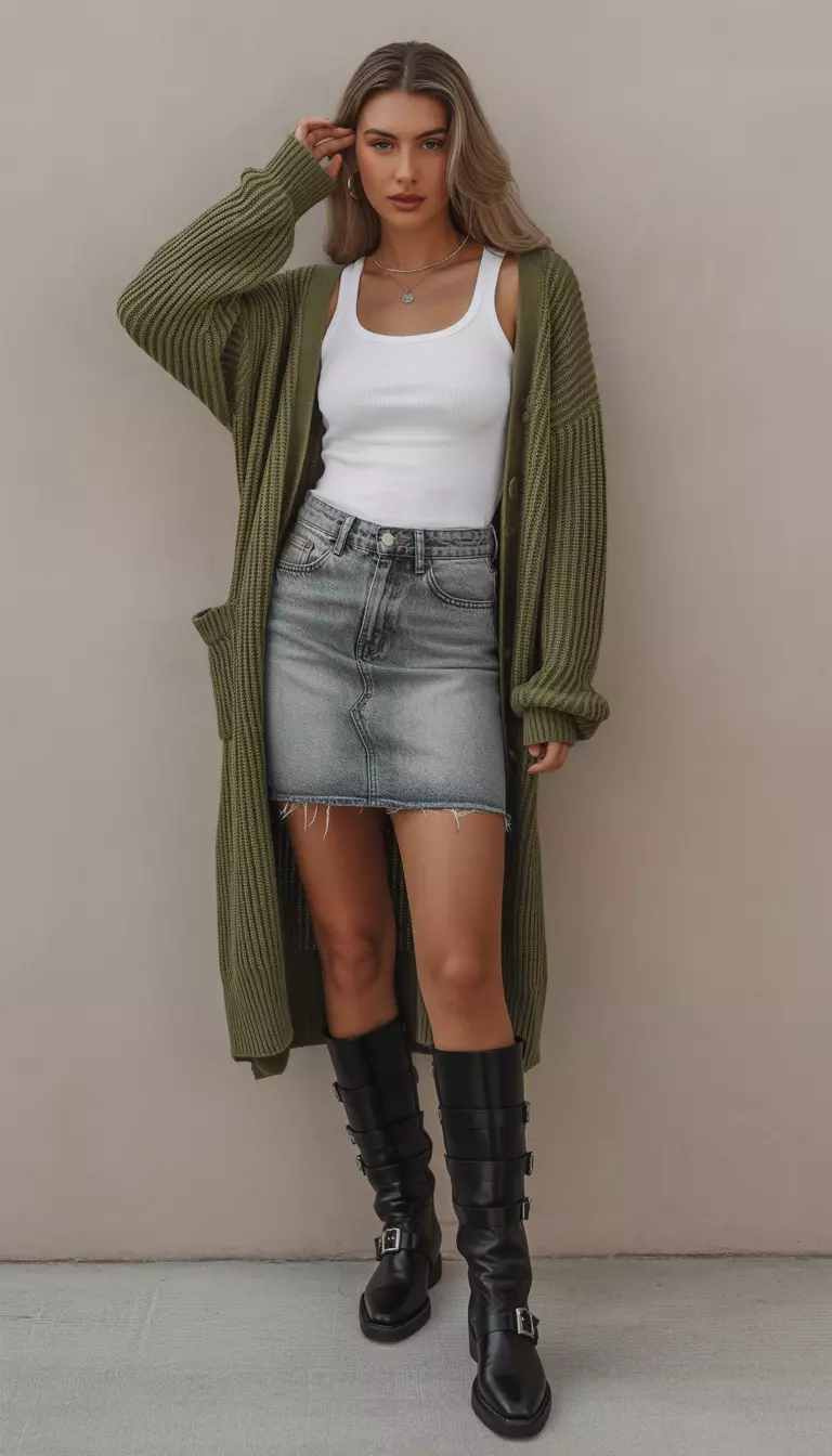 Knit Layers and Buckled Boots A beautiful woman in an olive green knit cardigan, a white tank top, a light-wash denim mini skirt, and tall black buckled boots.