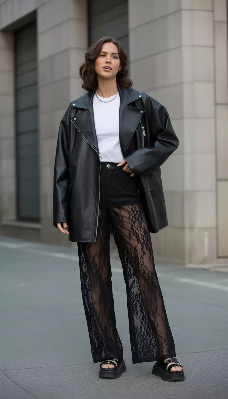 Lace Trousers and Oversized Leather A beautiful woman in an oversized black leather jacket, a white tee, and sheer black lace wide-leg trousers with black platform sandals.