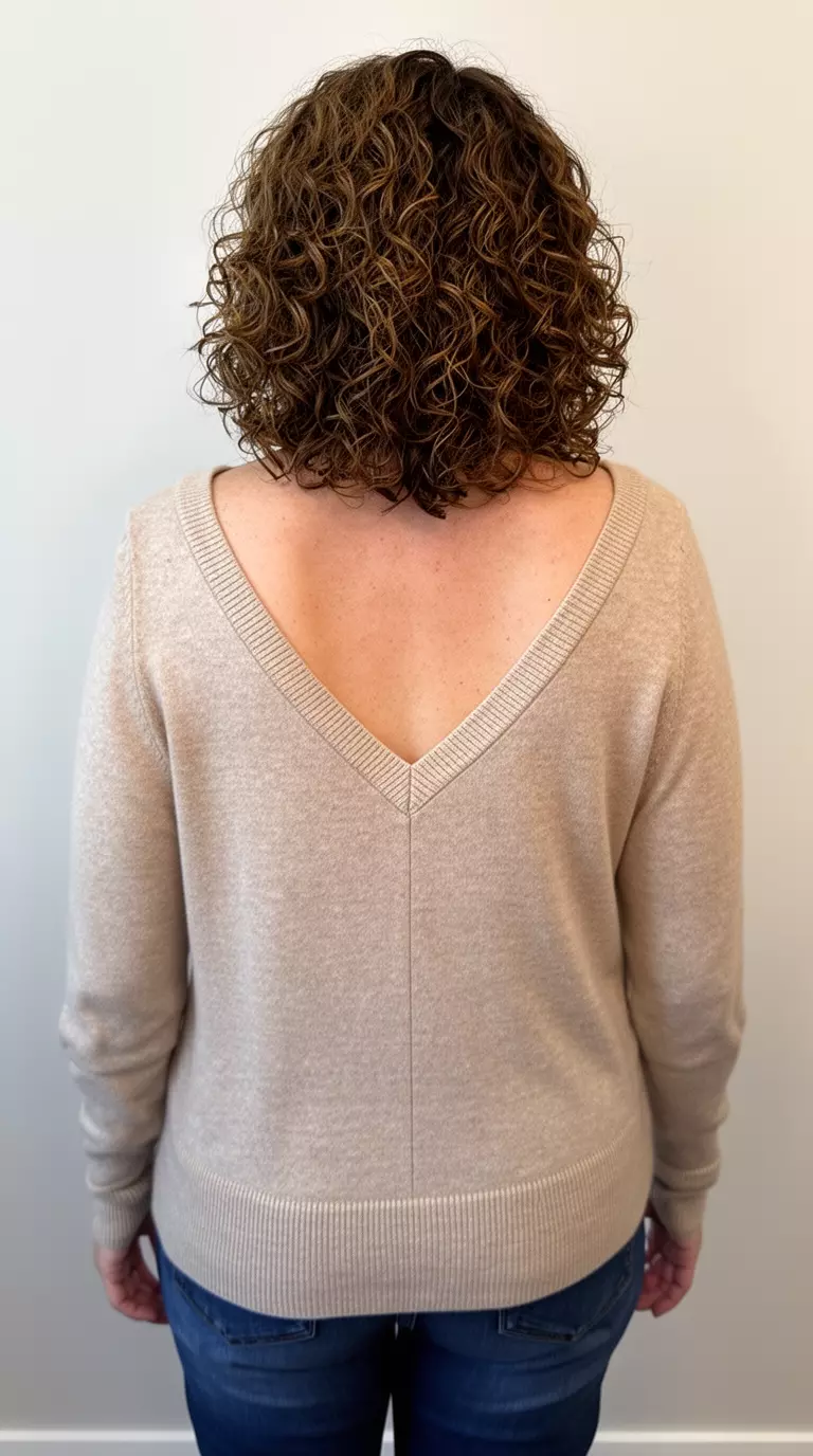 casual photo of a 40-year-old woman wearing a beige cardigan with a V-shaped curly cut, back view