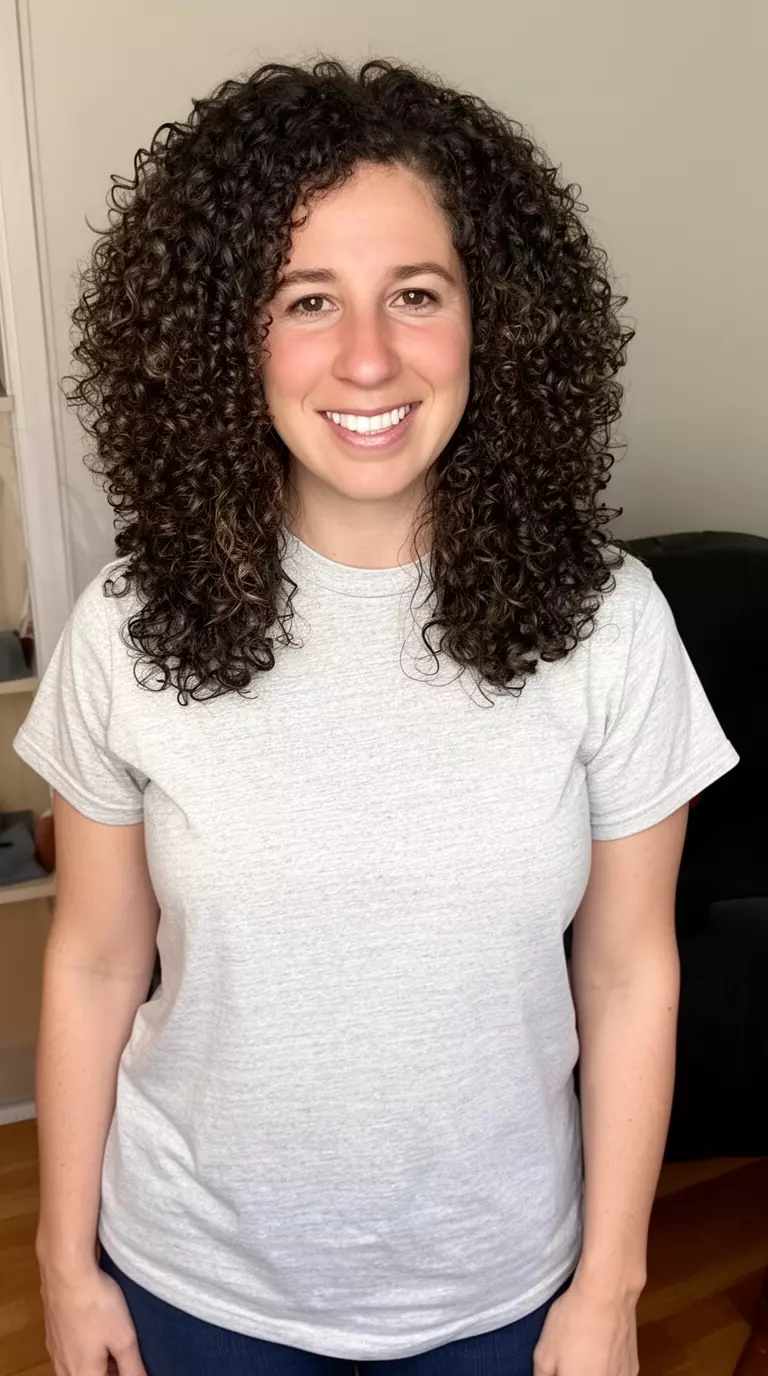 casual photo of a 35-year-old woman wearing a light gray cotton tee with medium layered curly bounce