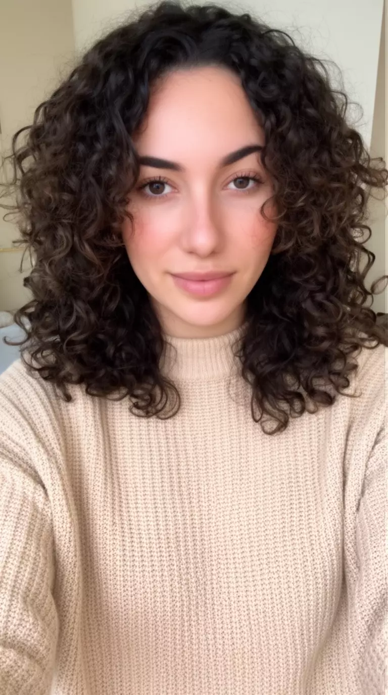 casual photo of a 27-year-old woman wearing a beige sweater with face-framing curly layers