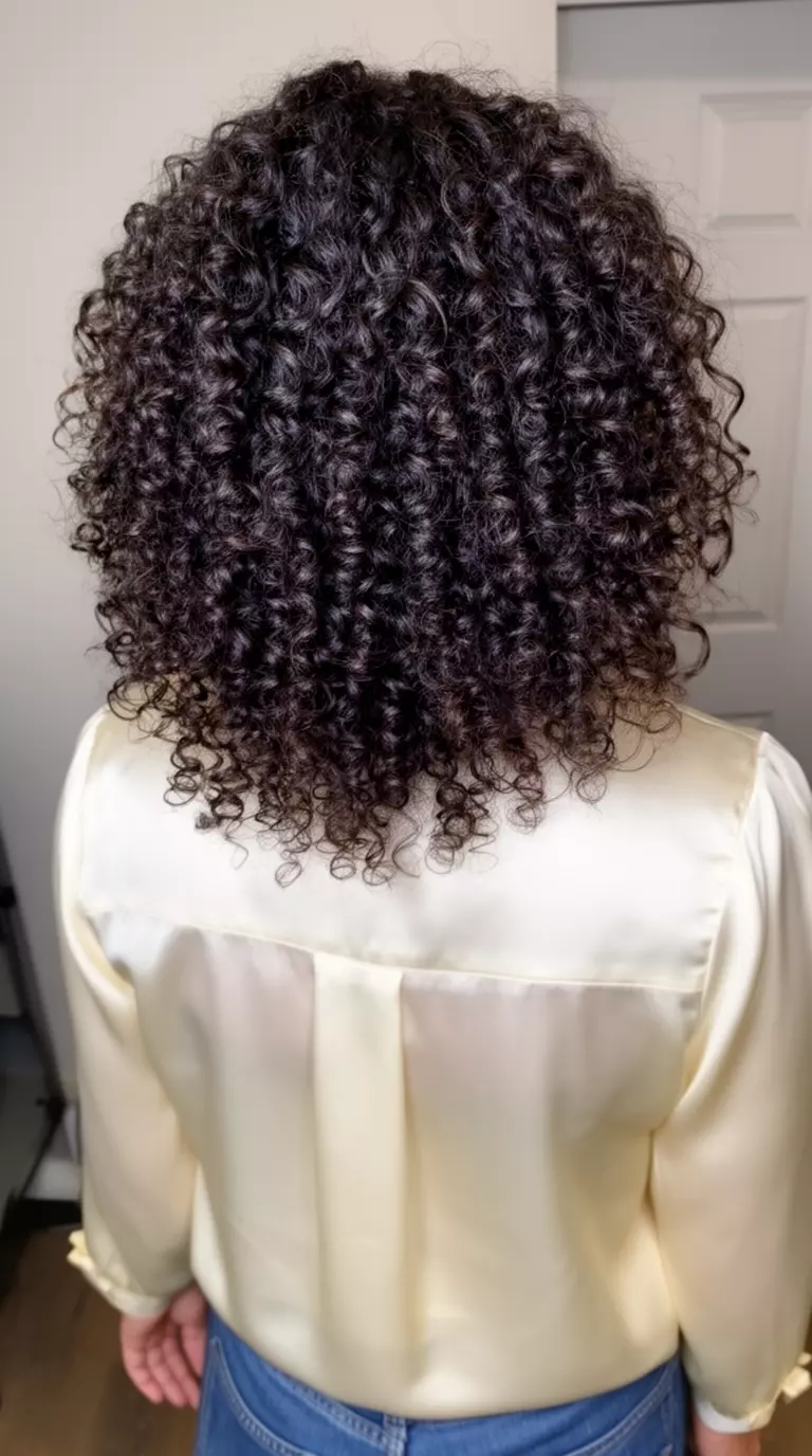 casual photo of a 41-year-old woman wearing a cream silk blouse with Deva cut defined curls, back view