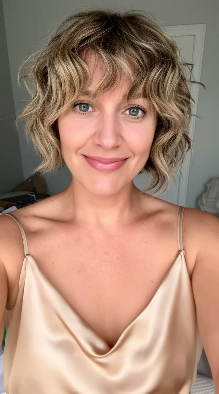 selfie of a 32-year-old woman wearing a beige silk camisole with wavy pixie fluff