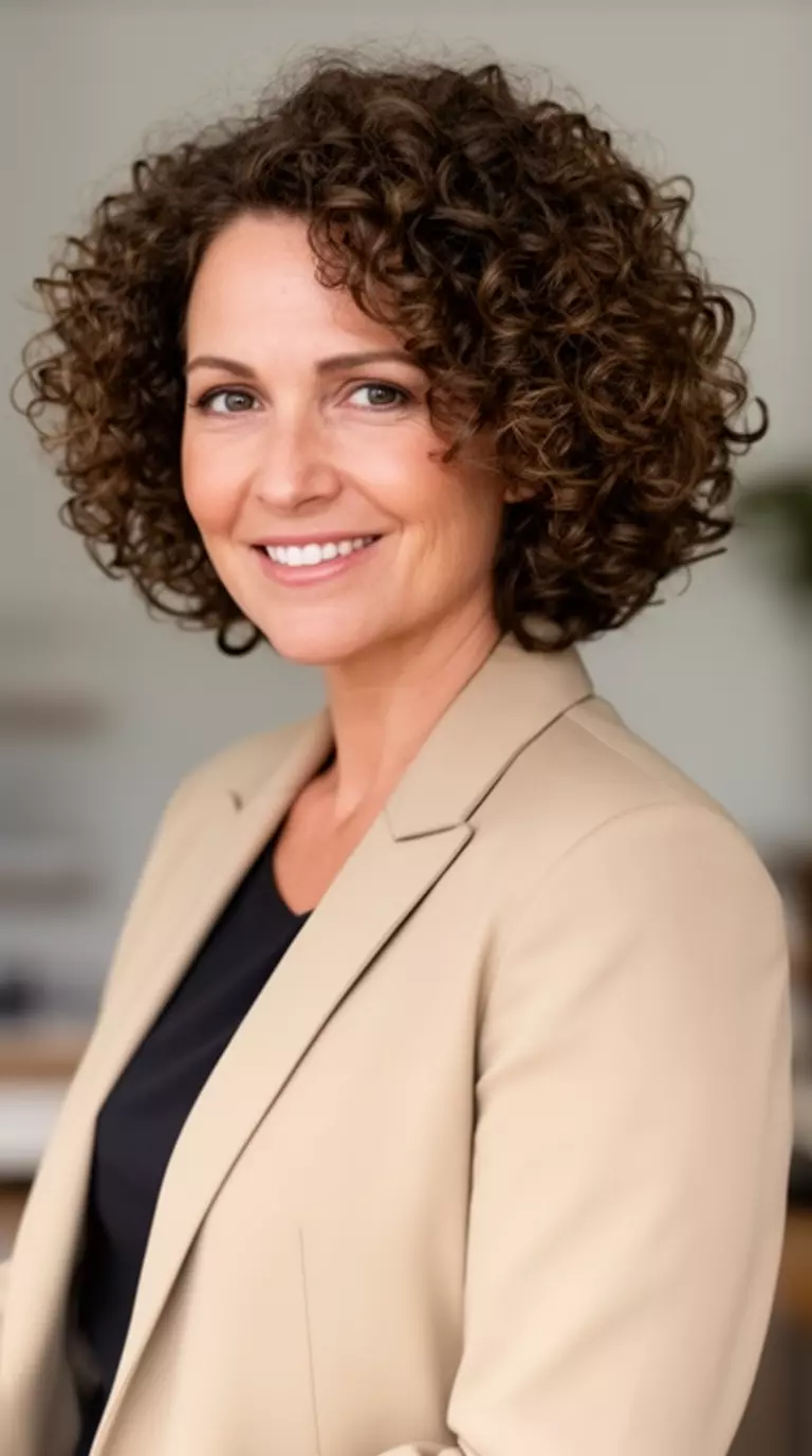 casual photo of a 45-year-old woman wearing a beige blazer with a spring bouffant curly bob