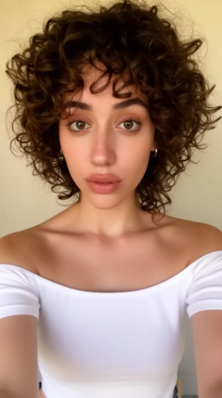 selfie of a 26-year-old woman wearing a white off the shoulder top with beatnik tousled curls