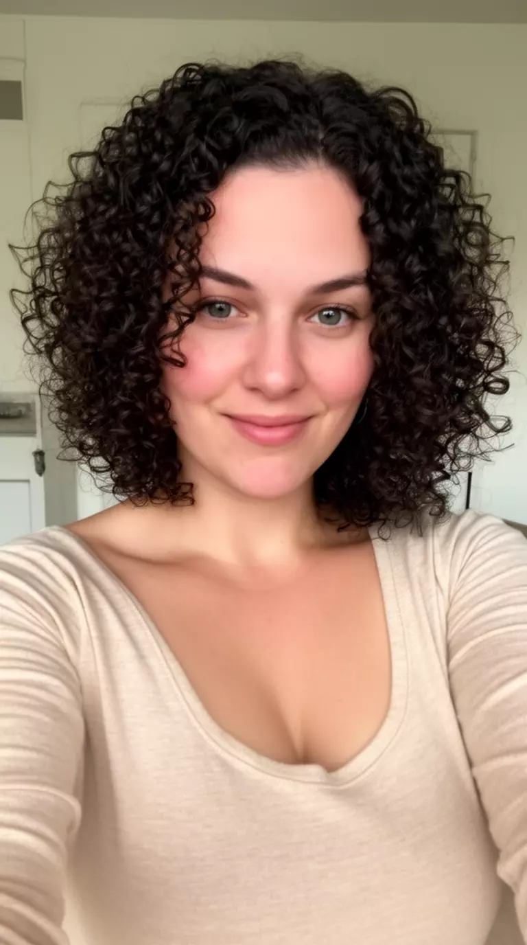 selfie of a 29-year-old woman wearing a beige scoop neck top with a textured curly lob