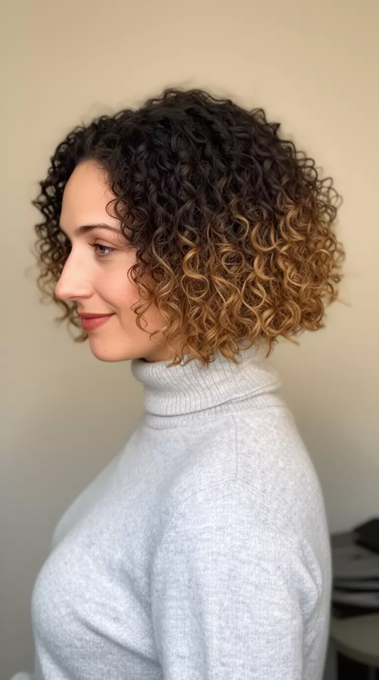 casual photo of a 36-year-old woman wearing a light gray turtleneck with a graduated curly bob, side view