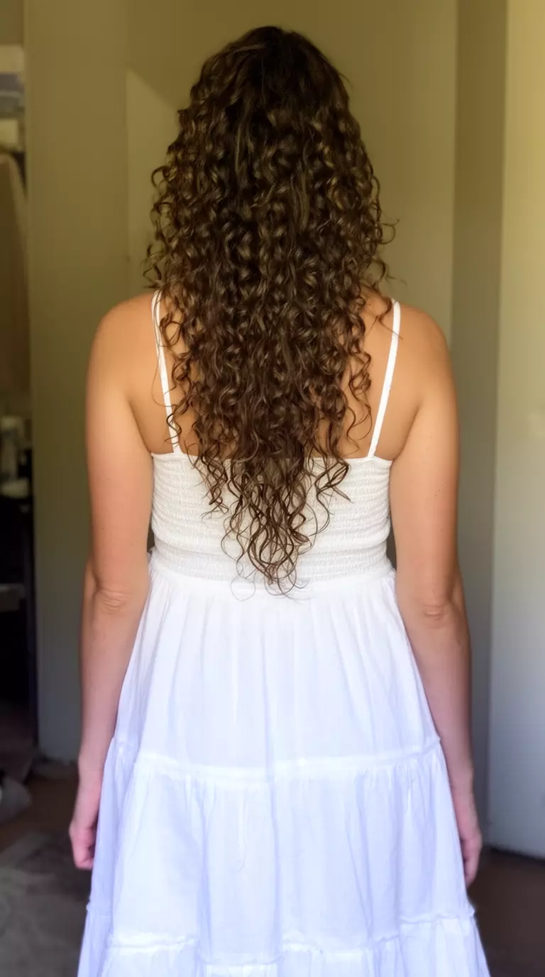 casual photo of a 34-year-old woman wearing a white sundress with long cascading curly layers, back view