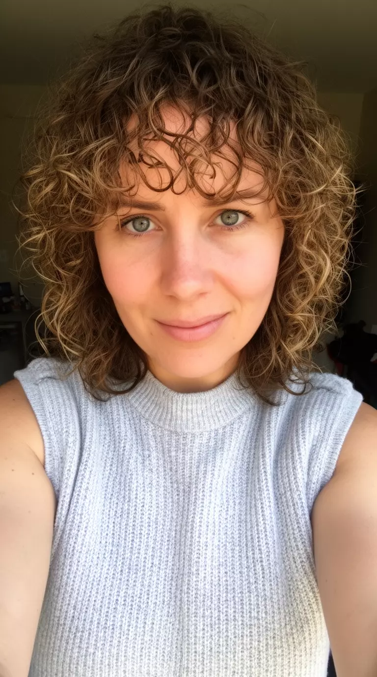 selfie of a 31-year-old woman wearing a light gray knit vest with curly wispy bangs