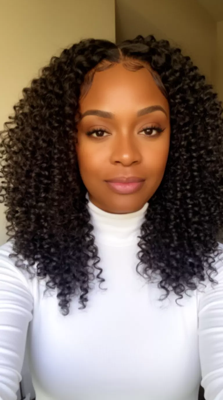 selfie of a 30-year-old woman wearing a white high neck top with fluffy silk press curls