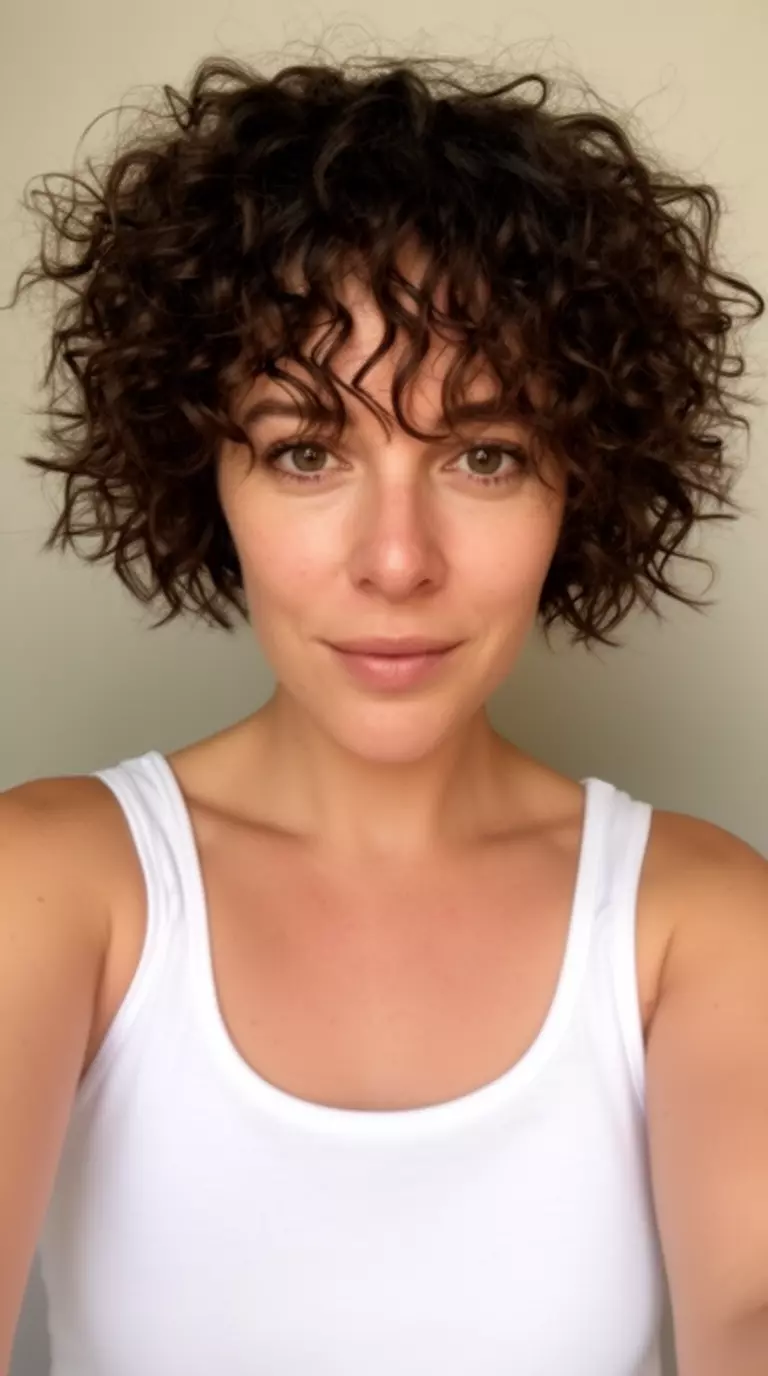 selfie of a 30-year-old woman wearing a white tank top with a curly pixie with movement