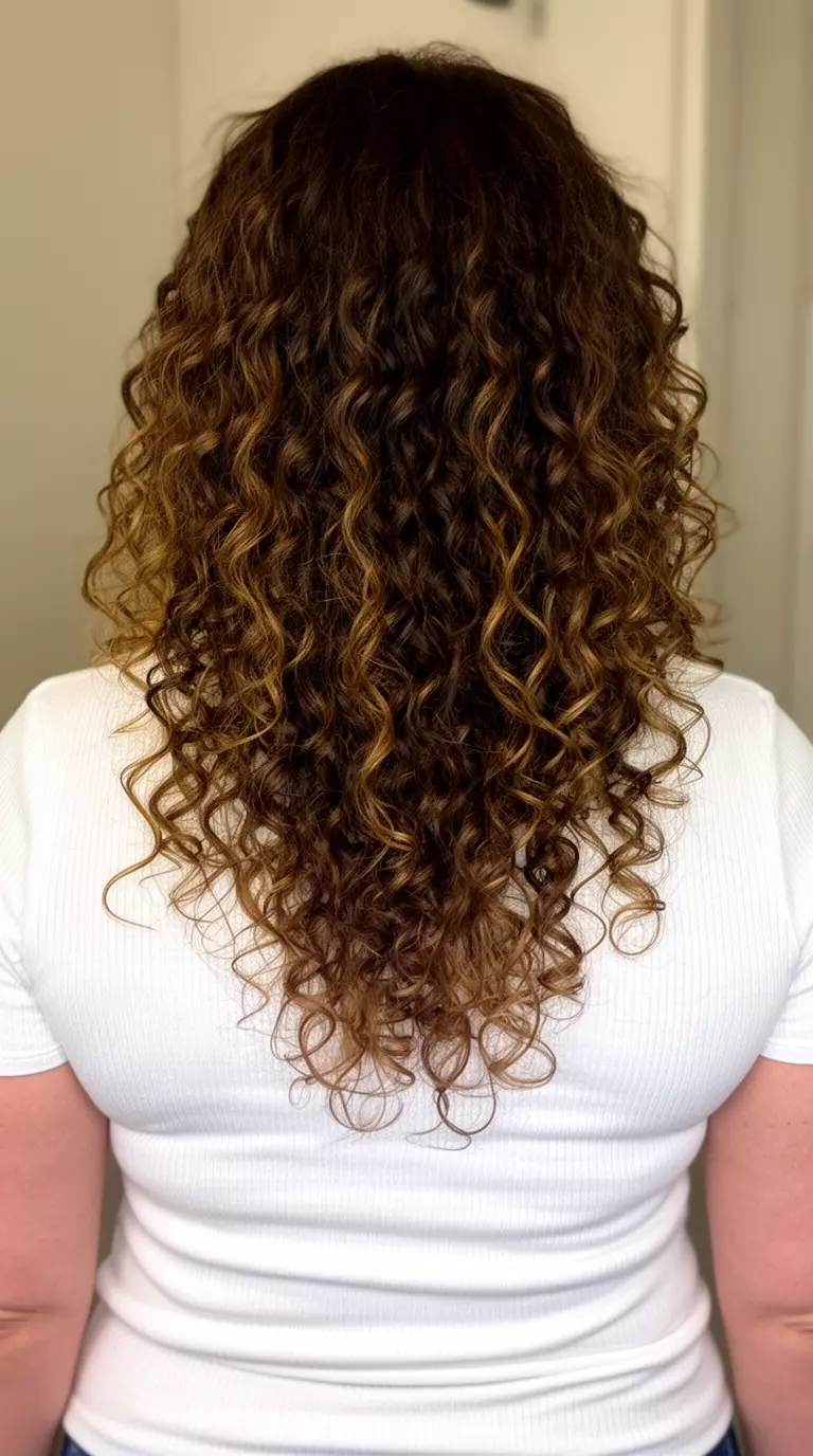 casual photo of a 38-year-old woman wearing a white ribbed top with waterfall curly layers, back view