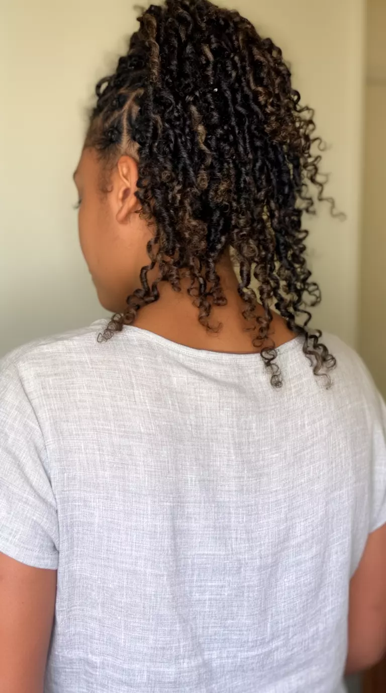 casual photo of a 28-year-old woman wearing a light gray linen top with half-up curly twists, back view