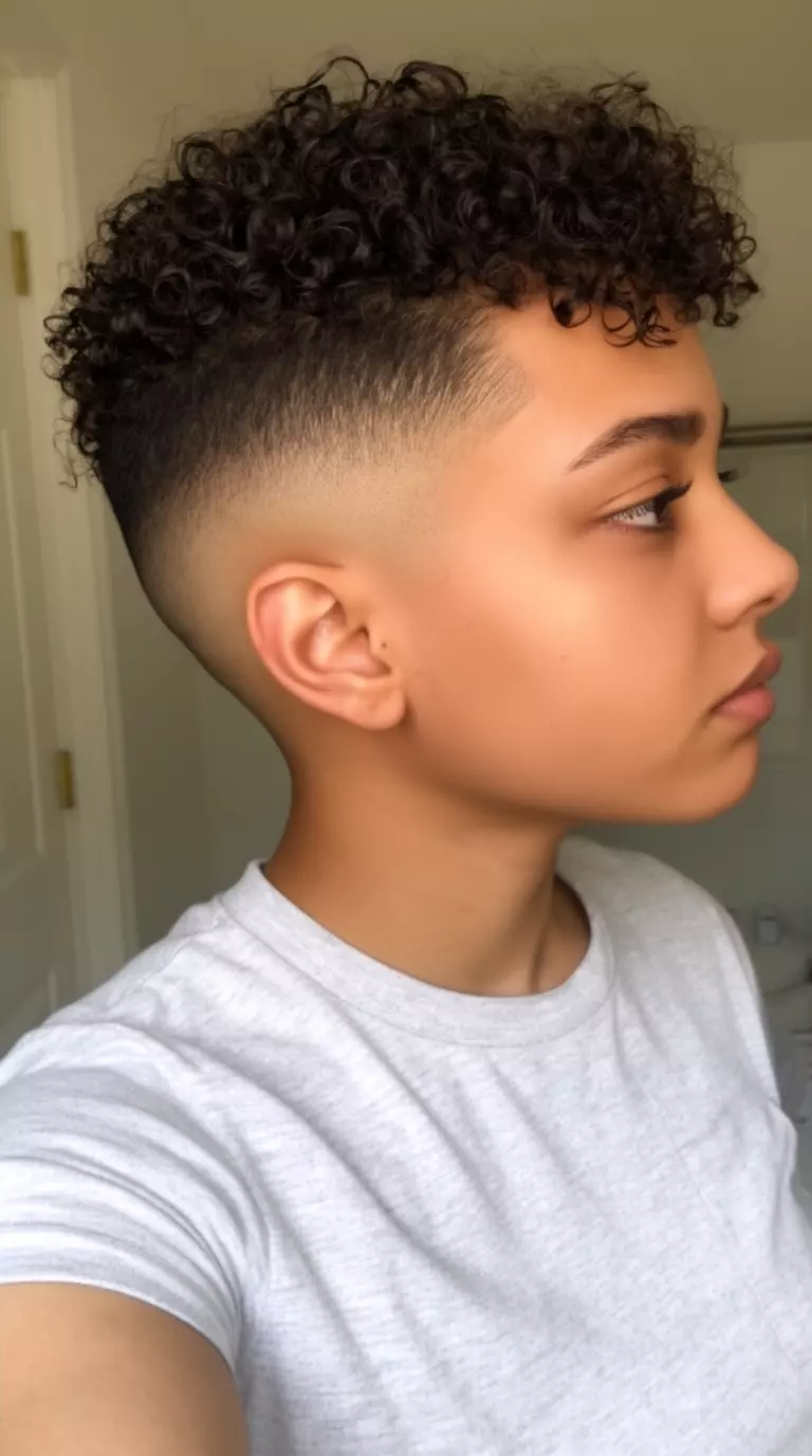 selfie of a 27-year-old woman wearing a light gray t-shirt with a tapered curly fade, side view