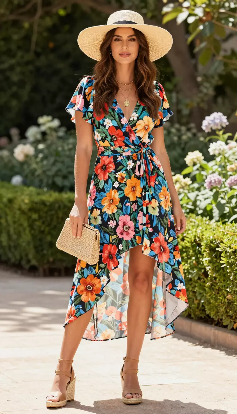 Vibrant Floral Mini Dress with Straw Accessories A beautiful woman in a short asymmetrical floral mini dress with bold spring blooms, tan espadrille wedges, a wide-brim straw hat, and layered gold necklaces, she stands in a sunlit garden holding a small woven clutch.