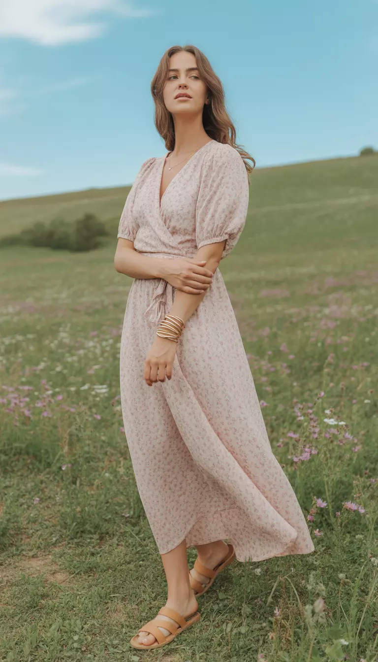 Boho Pink Floral Wrap Maxi A beautiful woman in a pink floral wrap maxi dress, tan flat leather sandals, and stacked gold bracelets.