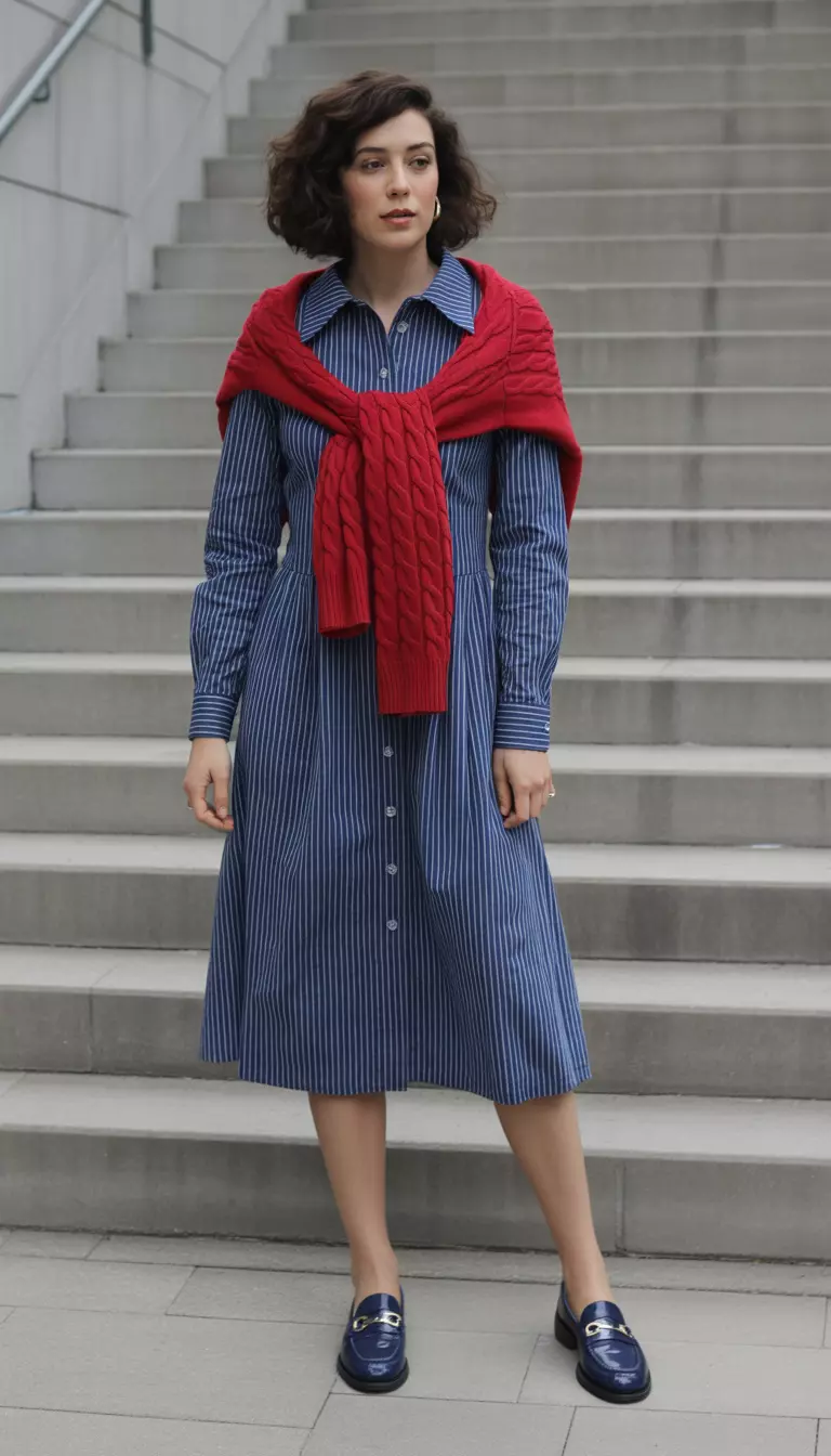 Striped Nautical Prep Dress A beautiful woman in a navy and white striped button-front dress with a sailor collar, navy leather loafers, and a red cable-knit sweater tied around her shoulders.