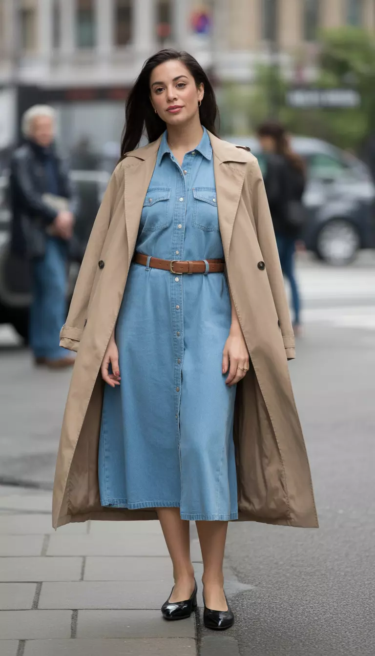Denim Midi Dress with Trenches A beautiful woman in a light blue denim midi dress, a beige trench coat, black leather ballet flats, and a brown leather belt.