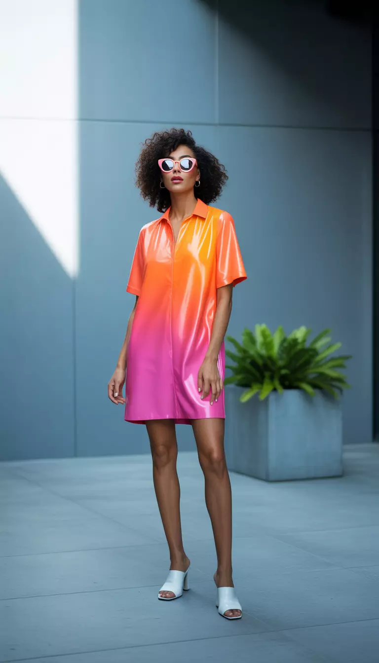 Neon Block Gradient Ombre Dress A beautiful woman in a gradient neon orange and pink shift dress, white mules, and bold pink-rimmed sunglasses.