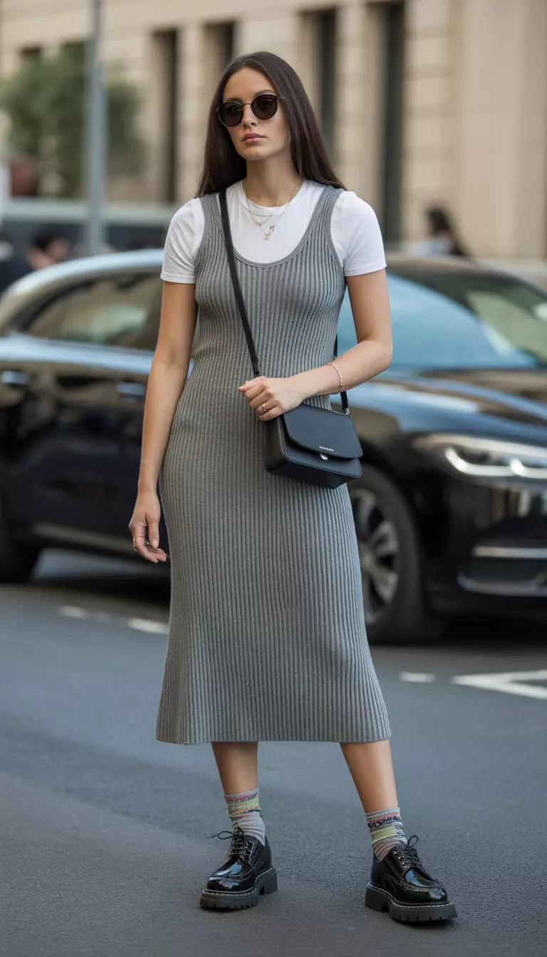 Layered Tank Dress and Brogues A beautiful woman in a grey ribbed knit tank dress layered over a white short-sleeved t-shirt, chunky black leather brogues with colorful socks, and a black leather crossbody bag.