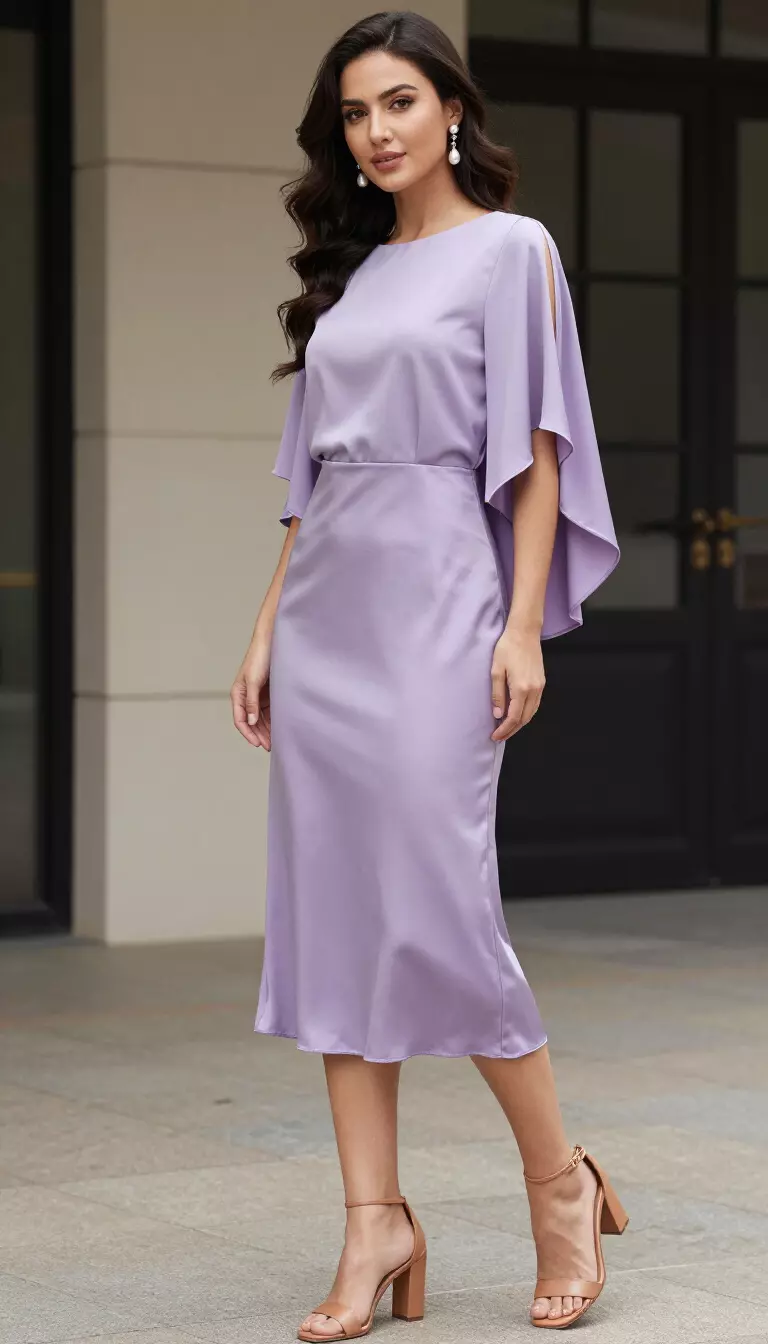 A beautiful woman in a lavender silk midi dress with dramatic cape sleeves, tan block heels, and pearl drop earrings.