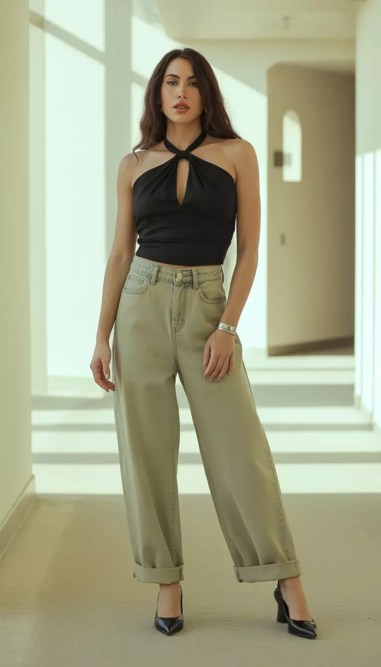 A beautiful woman in a black halter tie-front top, loose-fitting cuffed khaki wide-leg jeans, black pointed-toe heels, and a sleek silver bracelet, she poses in a brightly lit hallway.