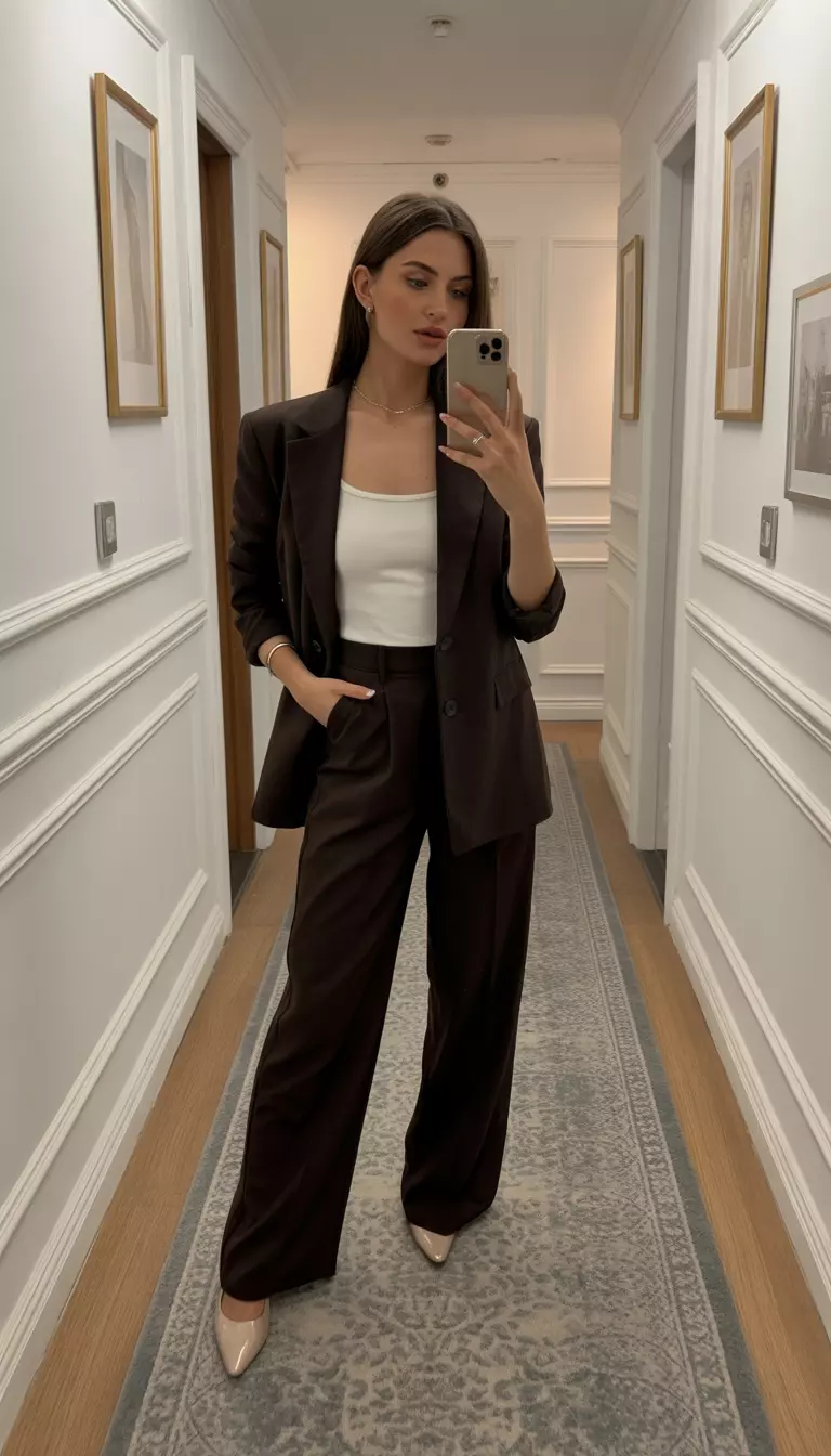 A beautiful woman in a dark brown pantsuit, a white top underneath, light-colored pointed-toe shoes, and a delicate gold necklace, she takes a mirror selfie in a stylishly decorated hallway.