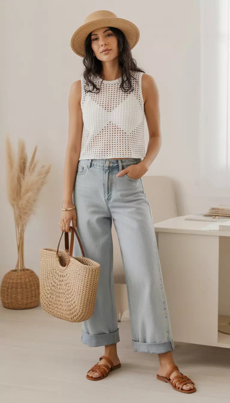 A beautiful woman in a white crocheted sleeveless top, light wash cuffed wide-leg jeans, brown flat sandals, and a straw tote bag, she stands in a bright airy room.