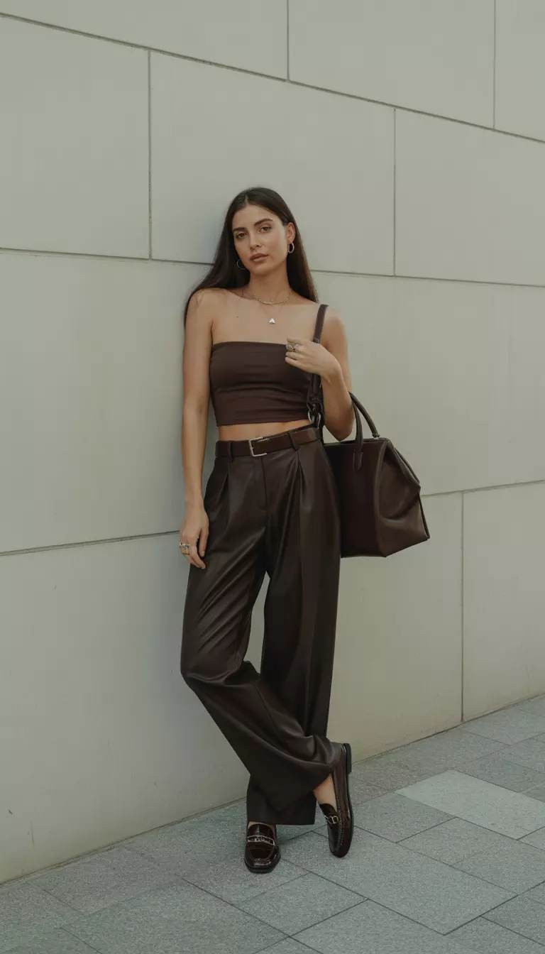 A beautiful woman in a dark brown strapless top, dark brown wide-leg trousers, brown leather loafers, and carrying a large dark brown leather bag, she stands against a light grey wall.