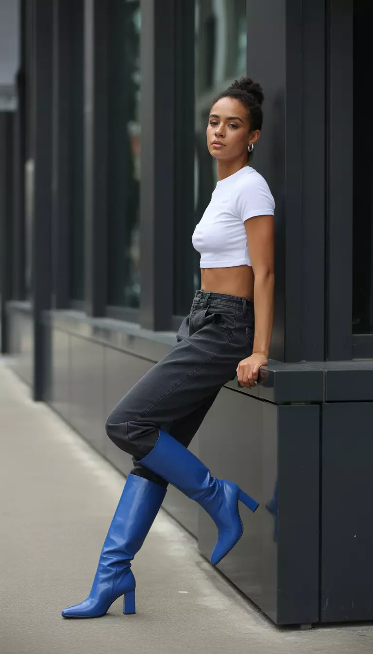 A beautiful woman in a white cropped t-shirt, dark slim-fit pants, striking bright blue knee-high boots, and small silver earrings, she leans against a modern city building.