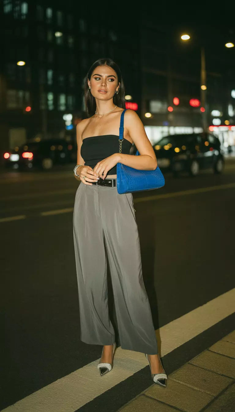 A beautiful woman in a black strapless top, grey wide-leg trousers, silver pointed-toe heels, and carrying a bright blue croc-effect shoulder bag, she stands at night near city lights.