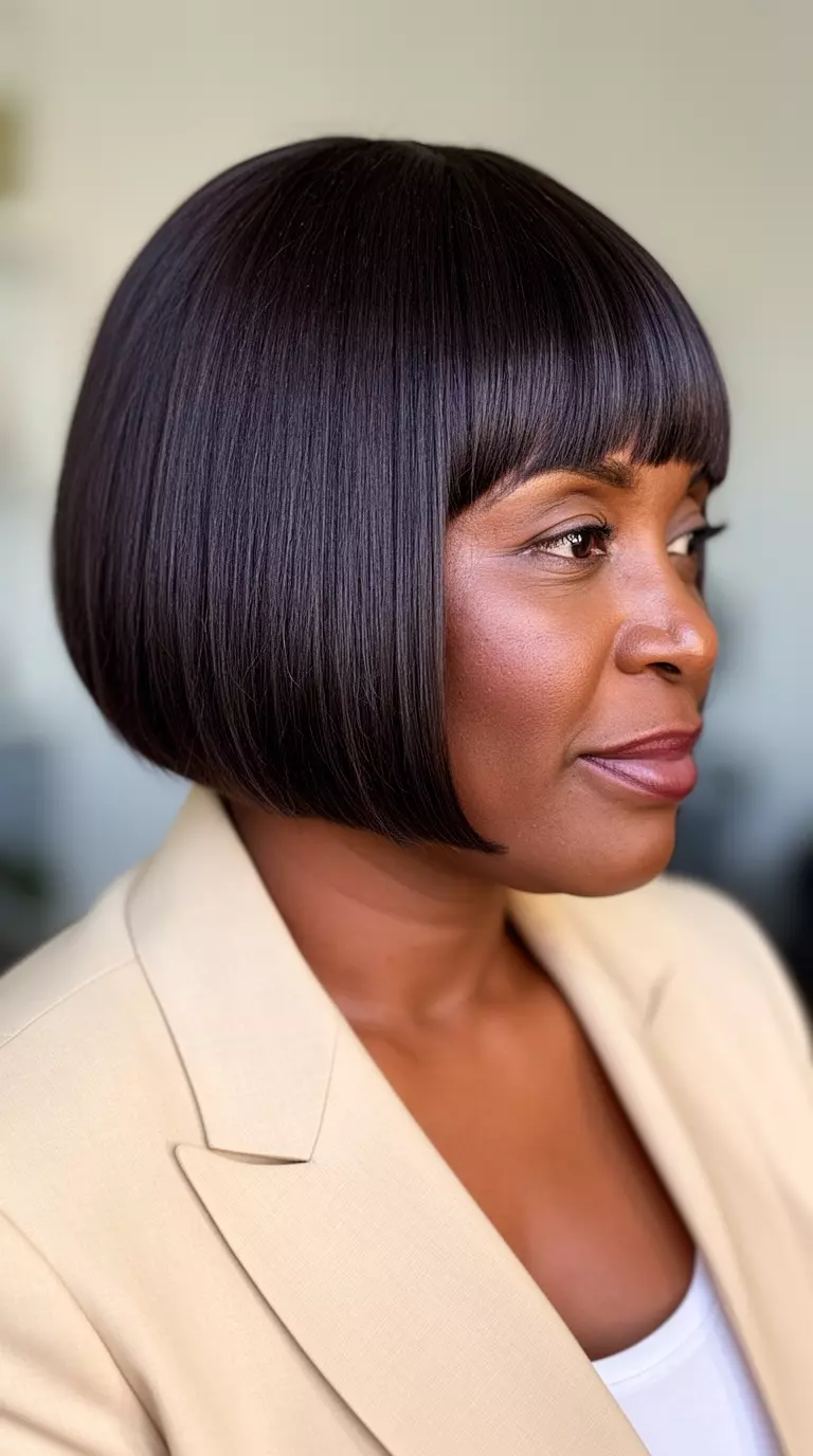 casual close-up photo of a 38-year-old black woman wearing a beige blazer with a sleek graduated bob cut, side view