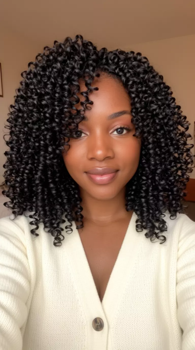 selfie of a 31-year-old black woman wearing a cream cardigan with highly defined, sculptural curls