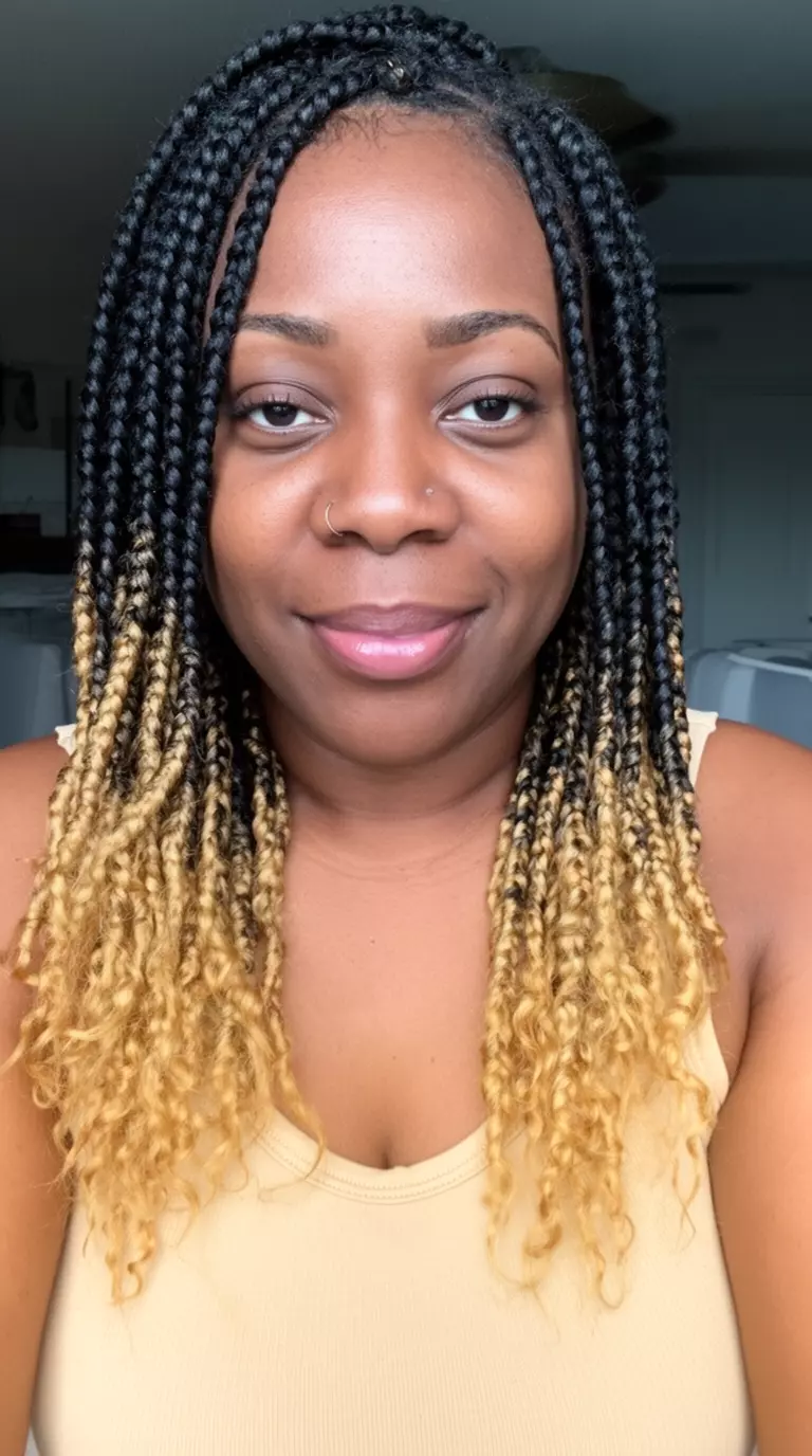 casual close-up photo of a 36-year-old black woman wearing a beige tank top with ombre boho braids transitioning from black to honey blonde