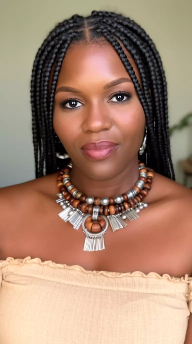 casual close-up photo of a 30-year-old black woman wearing a beige off-the-shoulder top with Fulani braids and wooden and silver beads