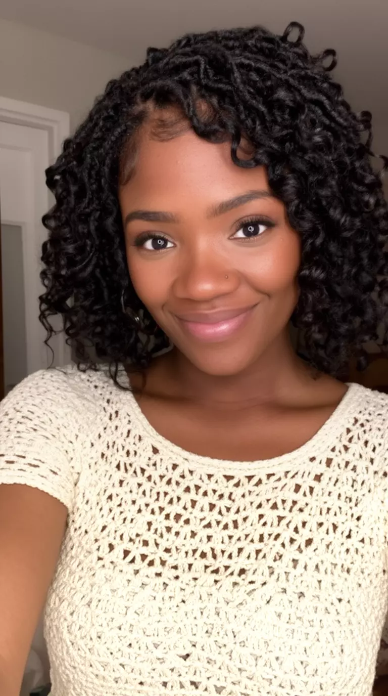 selfie of a 26-year-old black woman wearing a cream crochet top with short goddess boho braids featuring loose curls