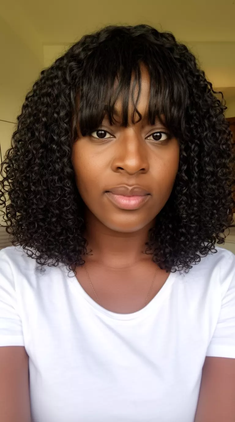 selfie of a 29-year-old black woman wearing a white t-shirt with shoulder-length natural curls and curtain bangs