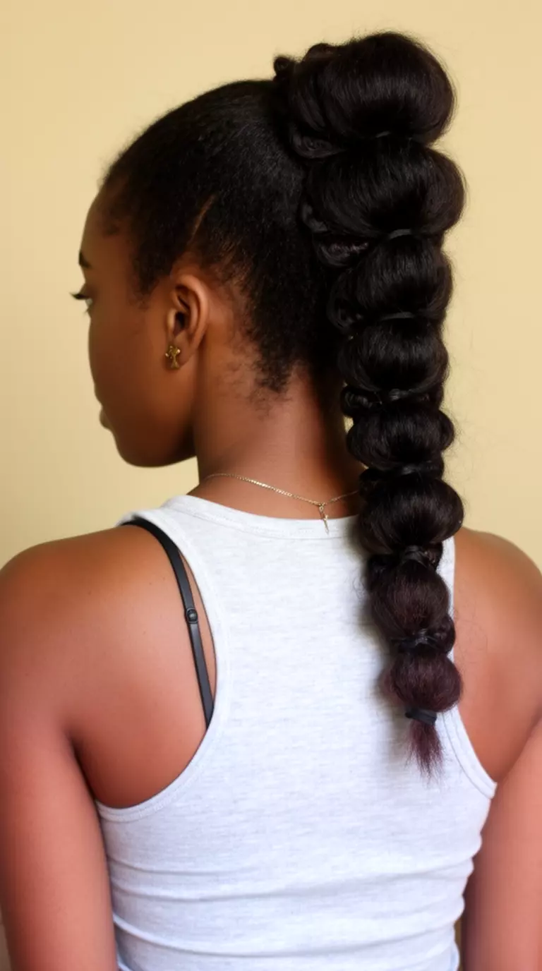 casual close-up photo of a 25-year-old black woman wearing a light gray tank top with a high bubble braid ponytail, back view