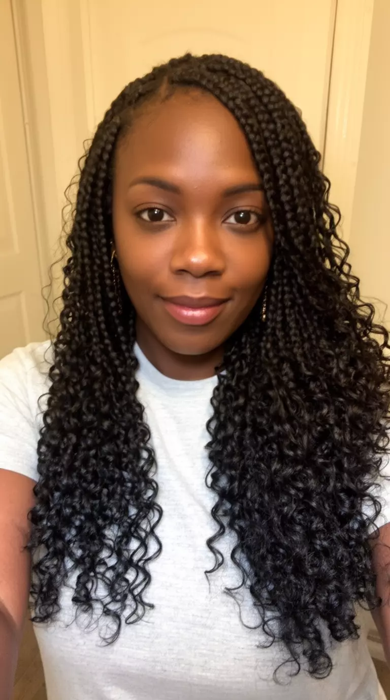selfie of a 33-year-old black woman wearing a light gray t-shirt with stitch braids ending in voluminous loose curls