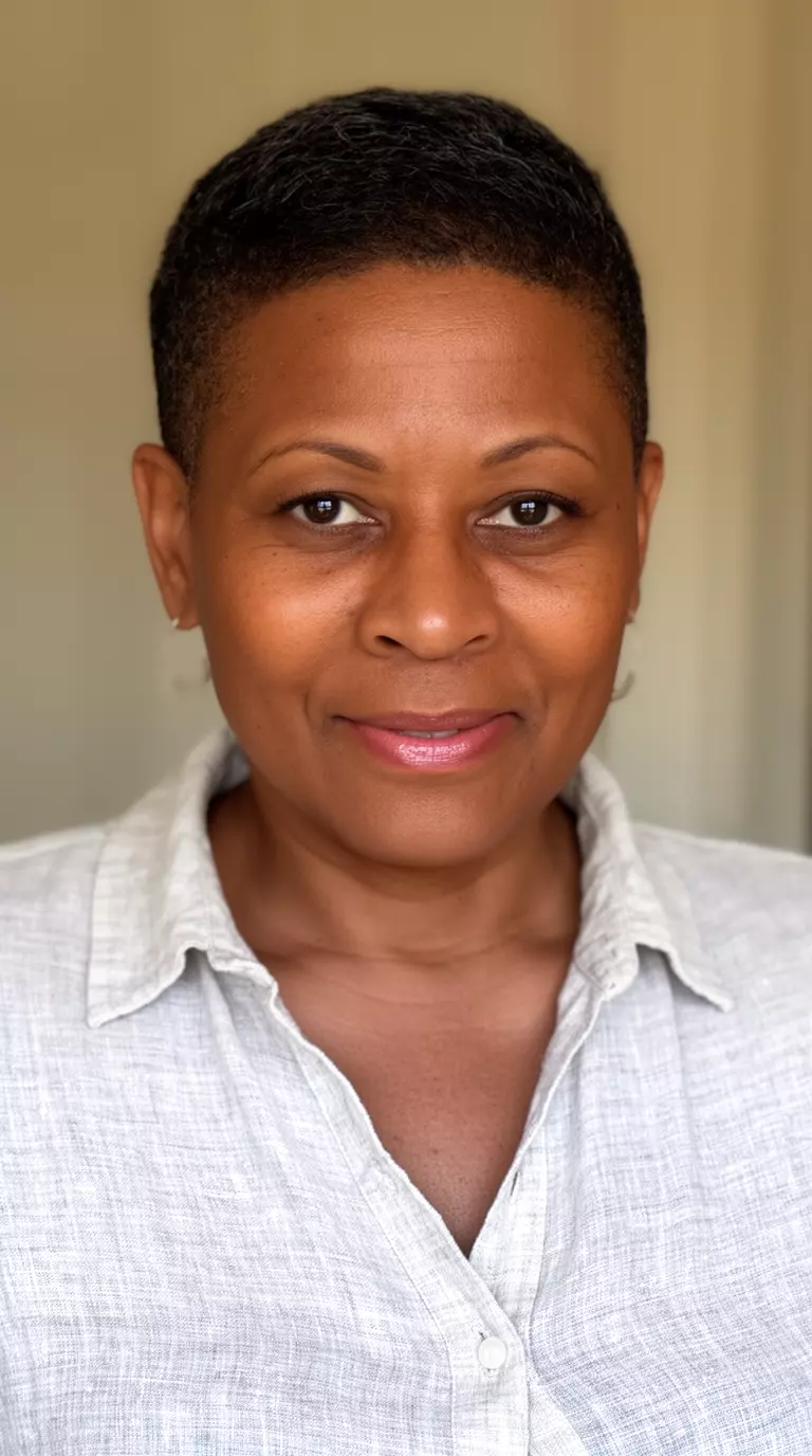 casual close-up photo of a 45-year-old black woman wearing a light gray linen shirt with a short tapered pixie cut