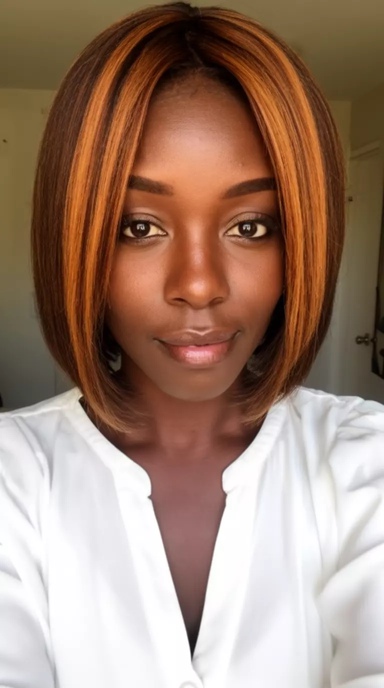 selfie of a 30-year-old black woman wearing a white blouse with a chin-length bob weave featuring multidimensional caramel highlights