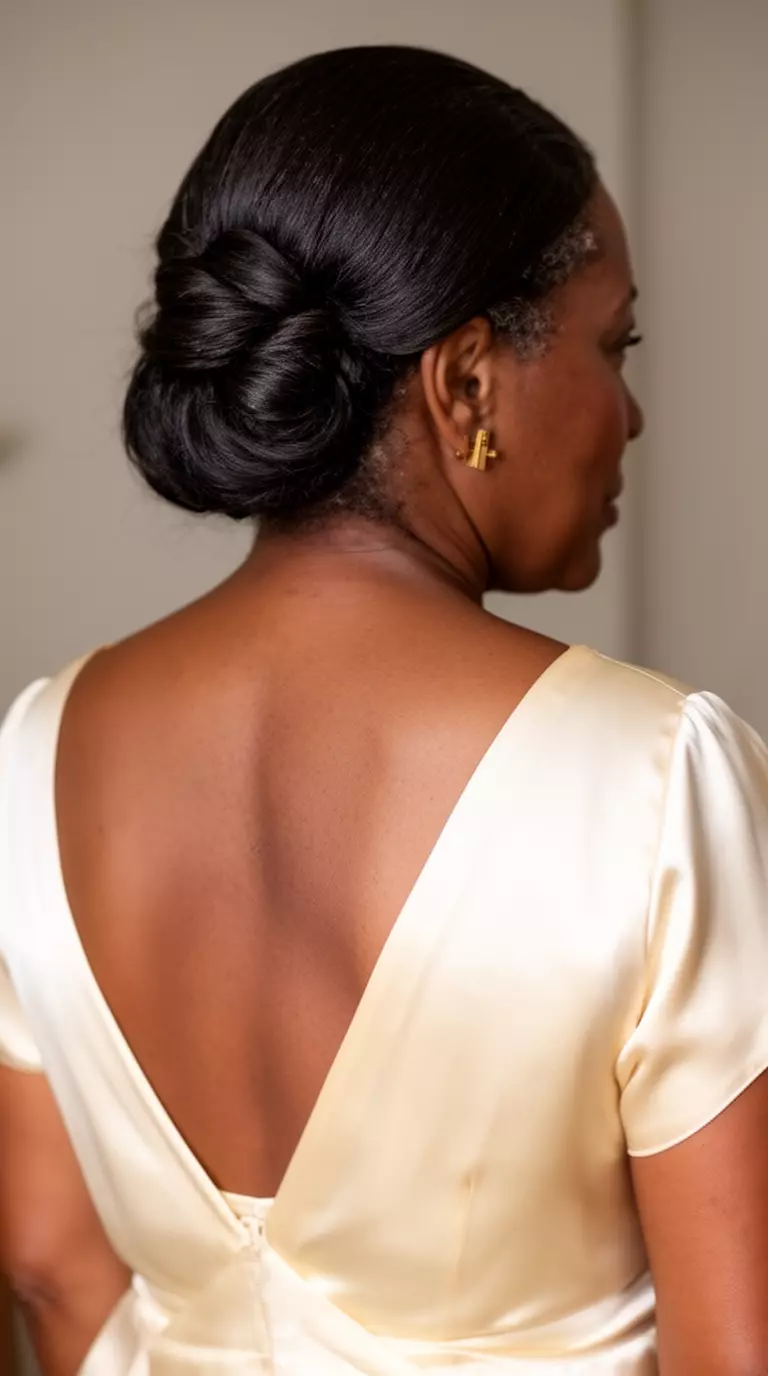 casual close-up photo of a 40-year-old black woman wearing a cream silk dress with a modern French twist updo, back view