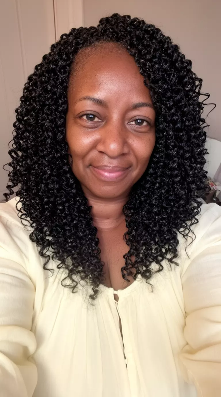 selfie of a 41-year-old black woman wearing a cream blouse with voluminous curly crochet braids
