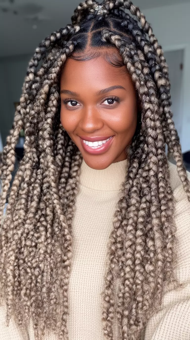 casual close-up photo of a 27-year-old black woman wearing a beige sweater with thick, fluffy jumbo butterfly braids