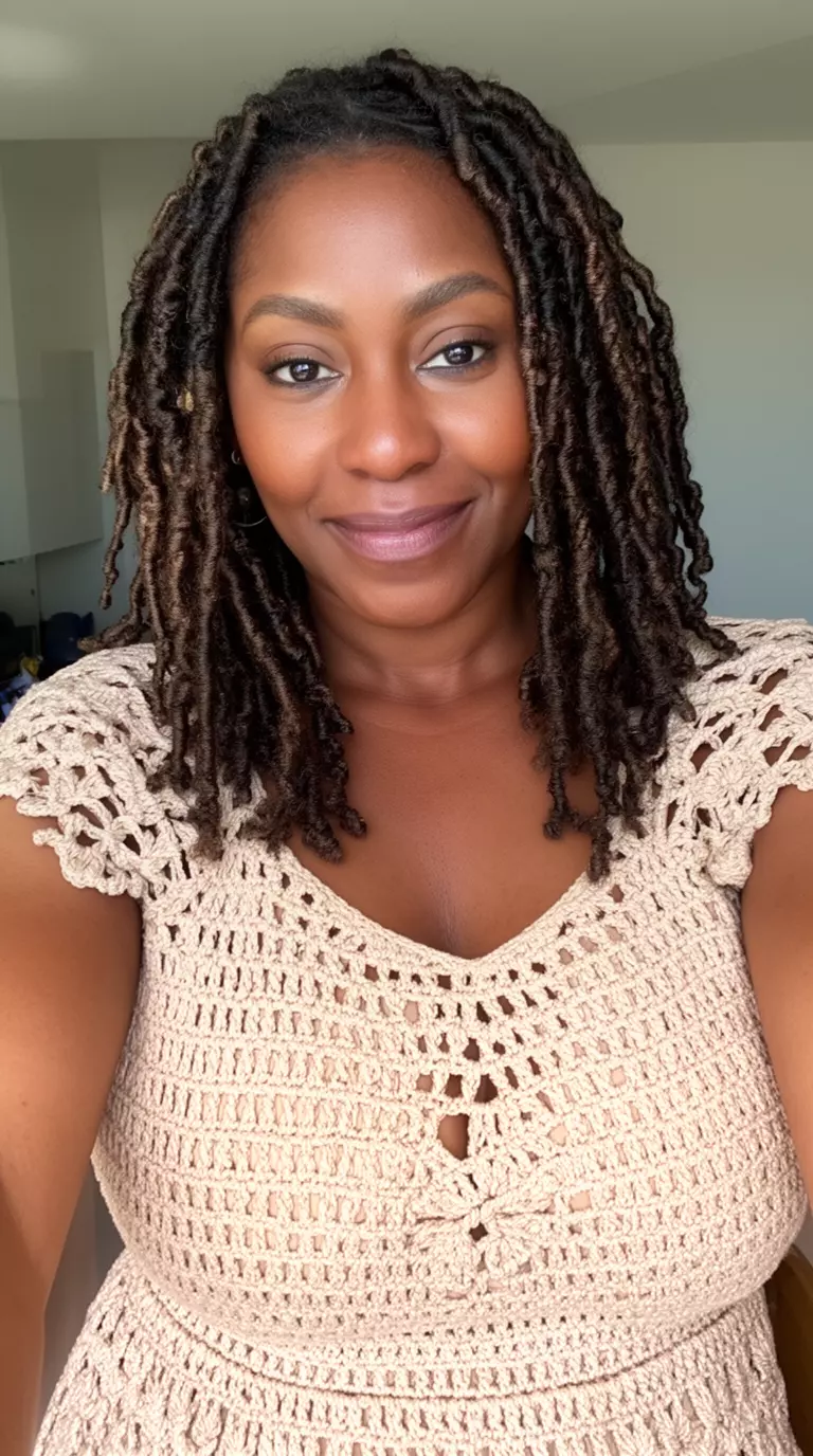 selfie of a 31-year-old black woman wearing a beige crochet dress with shoulder-length butterfly locs